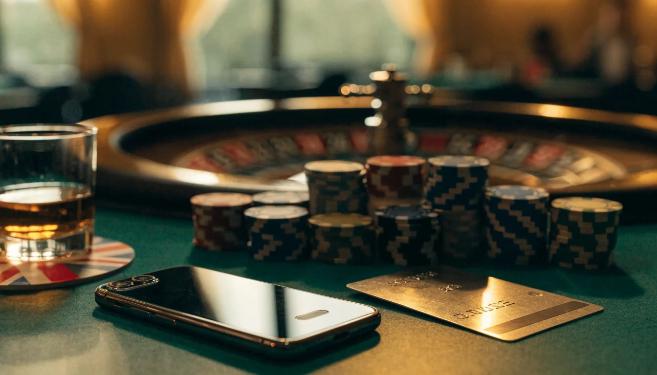 Casino table with poker chips, roulette wheel, smartphone, and bank card in warm lighting.