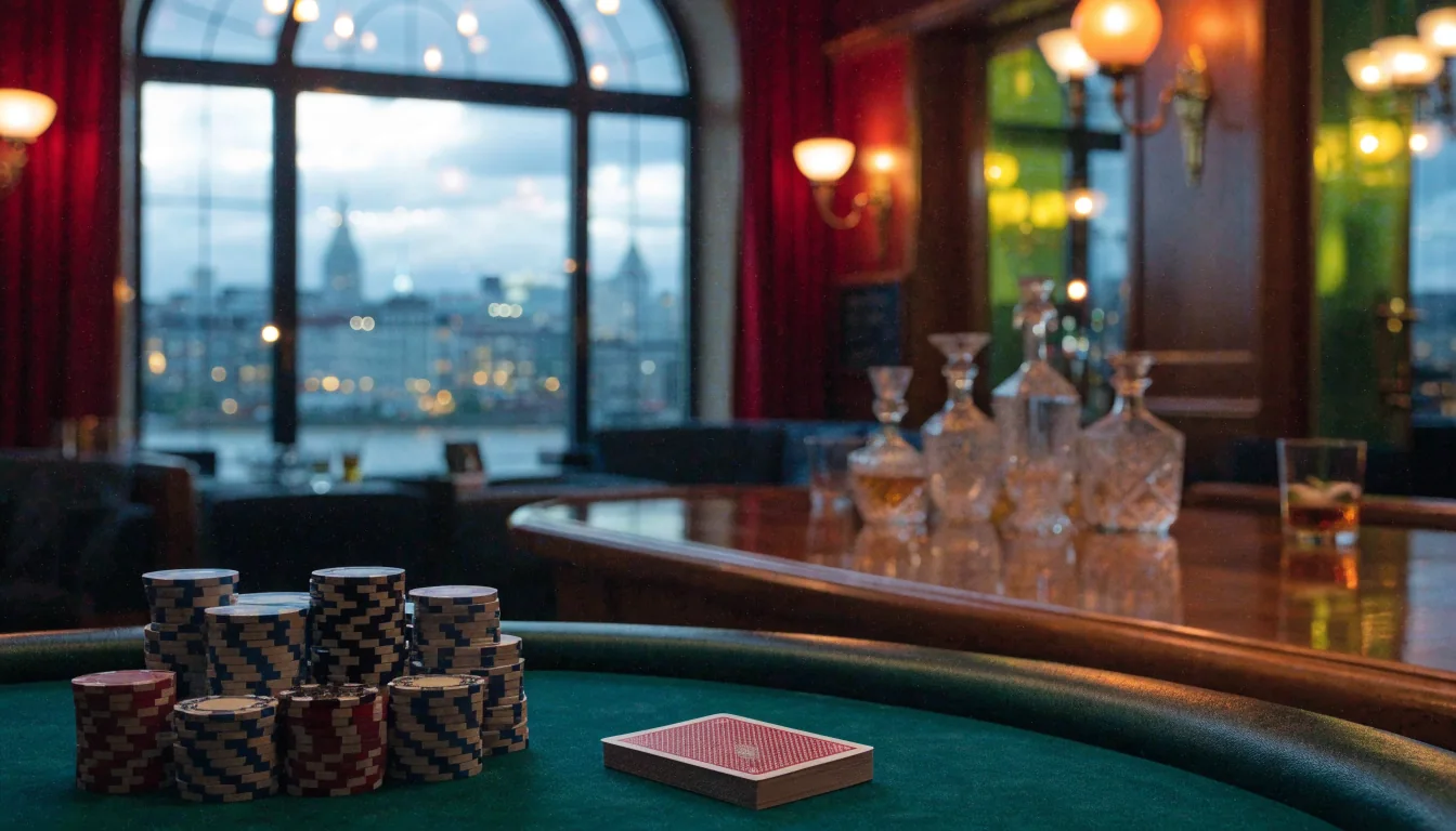 Elegant British casino lounge with chips, cards, and London skyline through arched window
