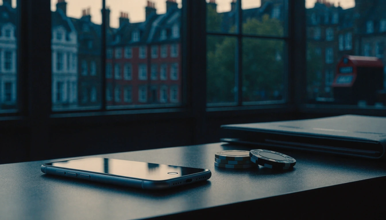 Face-down smartphone, neutral casino chips, and document folder beside a London window