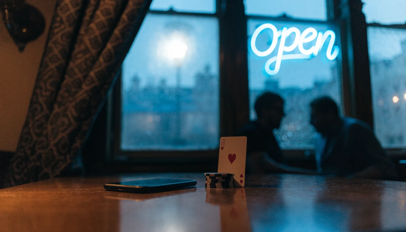 Smartphone face-down on a pub table with casino chips, moody British interior.