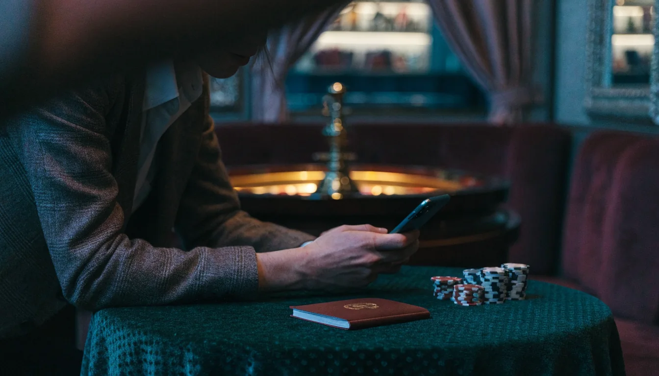 UK player considering a closed phone in a US-style casino lounge