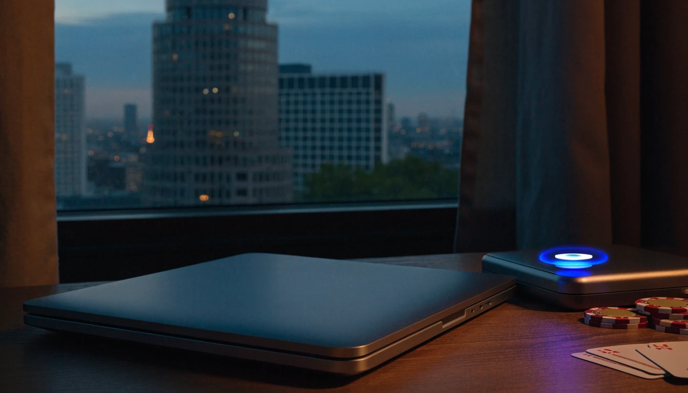 Closed laptop and Wi-Fi router with casino chips by a London window