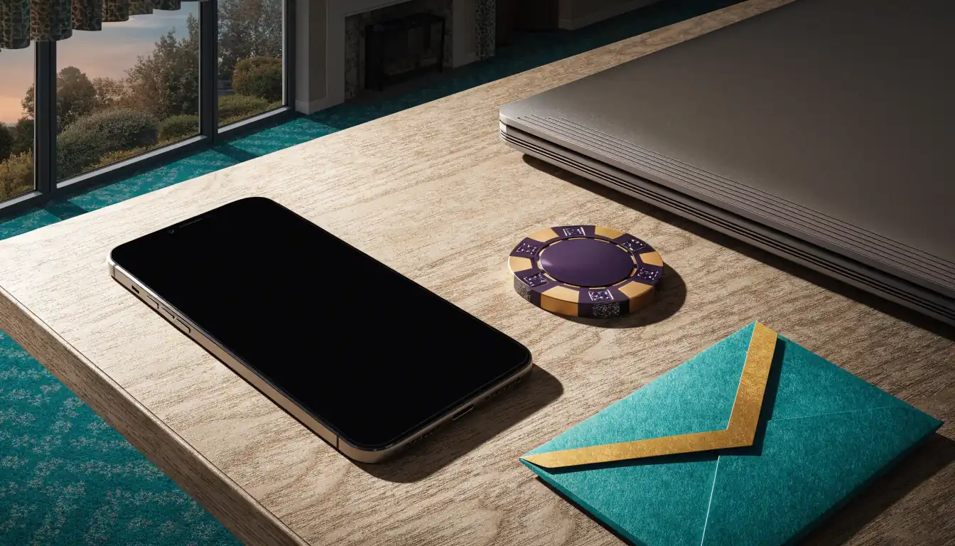 Elegant UK casino welcome bonus scene with devices and chips